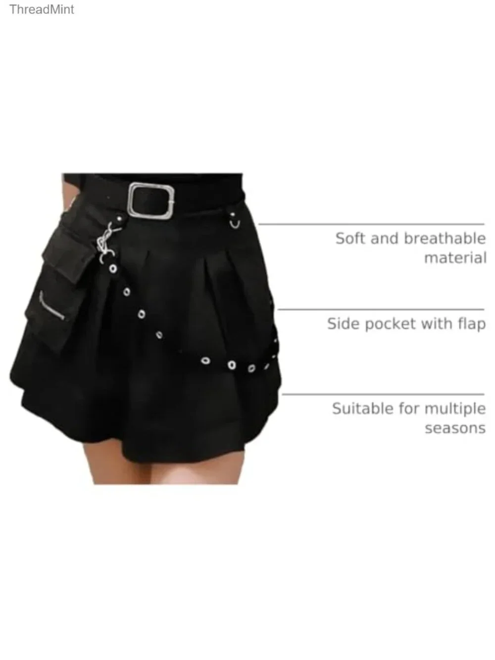 Goth Black Pleated Mini Skirt with Chain High Waisted Tennis Skirt